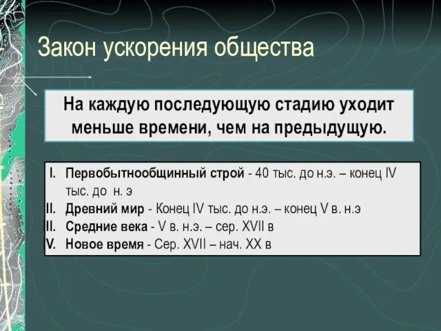 Закон ускорения общества На каждую последующую стадию уходит меньше времени, чем на