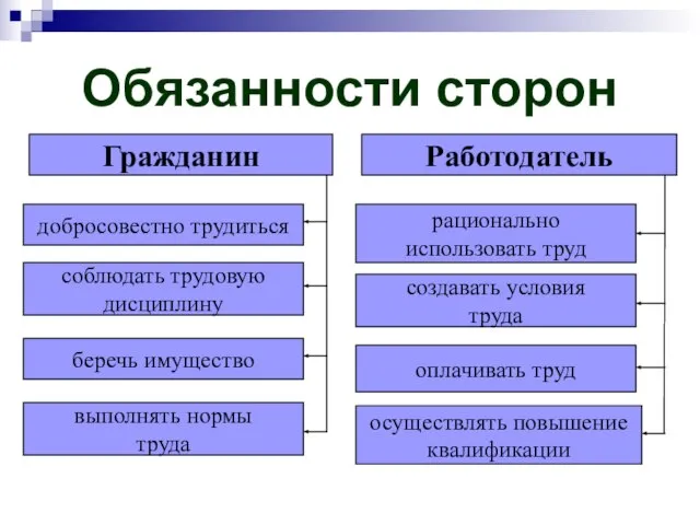 Обязанности сторон Гражданин добросовестно трудиться соблюдать трудовую дисциплину беречь имущество выполнять нормы