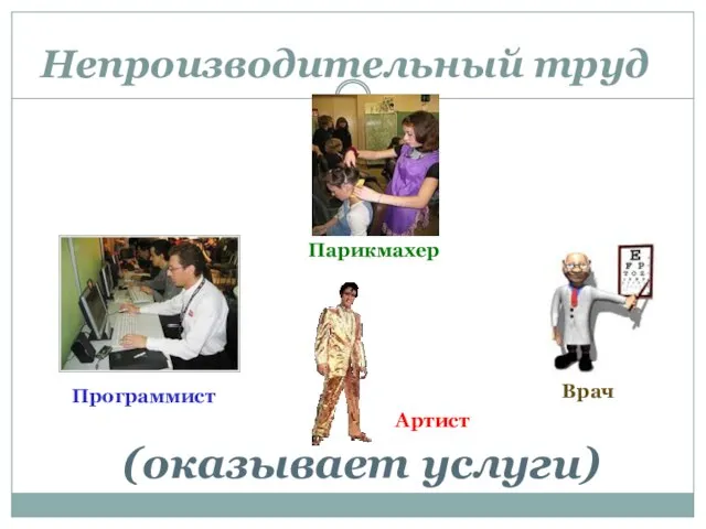 Непроизводительный труд (оказывает услуги) Парикмахер Программист Врач Артист