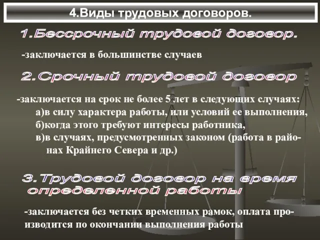 4.Виды трудовых договоров. 1.Бессрочный трудовой договор. -заключается в большинстве случаев 2.Срочный трудовой