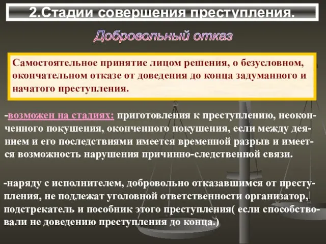 2.Стадии совершения преступления. Добровольный отказ Самостоятельное принятие лицом решения, о безусловном, окончательном