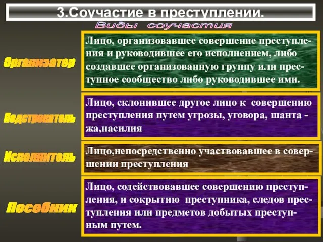 3.Соучастие в преступлении. Виды соучастия Организатор Лицо, организовавшее совершение преступле- ния и