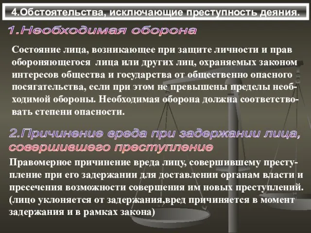 4.Обстоятельства, исключающие преступность деяния. 1.Необходимая оборона Состояние лица, возникающее при защите личности