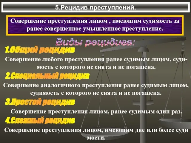 5.Рецидив преступлений. Совершение преступления лицом , имеющим судимость за ранее совершенное умышленное