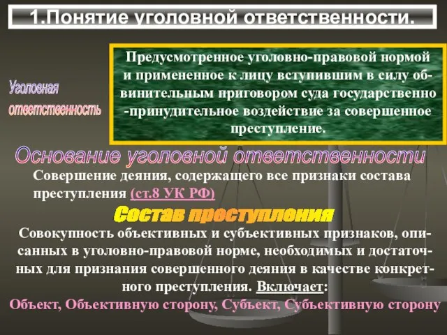 1.Понятие уголовной ответственности. Уголовная ответственность Предусмотренное уголовно-правовой нормой и примененное к лицу