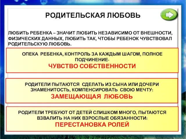 РОДИТЕЛЬСКАЯ ЛЮБОВЬ ЛЮБИТЬ РЕБЕНКА – ЗНАЧИТ ЛЮБИТЬ НЕЗАВИСИМО ОТ ВНЕШНОСТИ, ФИЗИЧЕСКИХ ДАННЫХ,