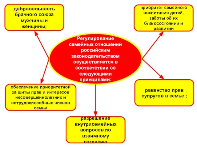 Регулирование семейных отношений российским законодательством осуществляется в соответствии со следующими принципами: добровольность
