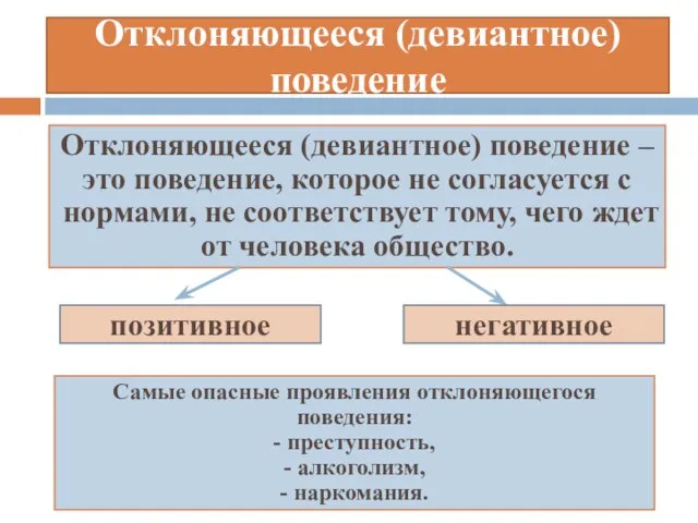 Отклоняющееся (девиантное) поведение Отклоняющееся (девиантное) поведение – это поведение, которое не согласуется