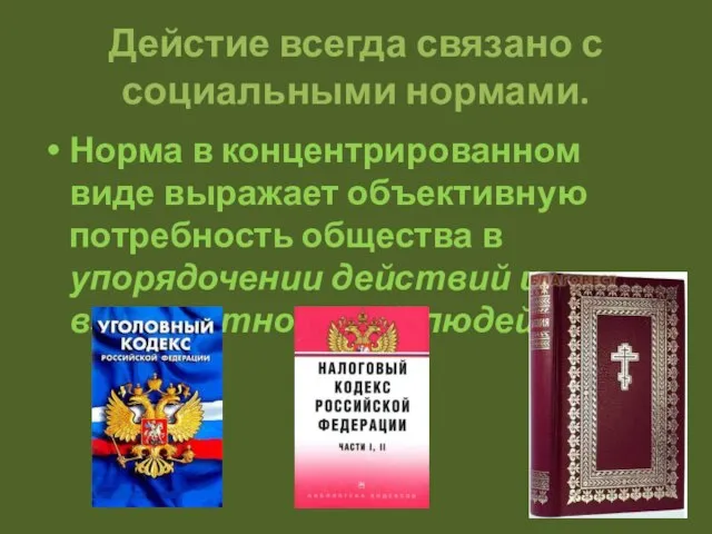 Дейстие всегда связано с социальными нормами. Норма в концентрированном виде выражает объективную