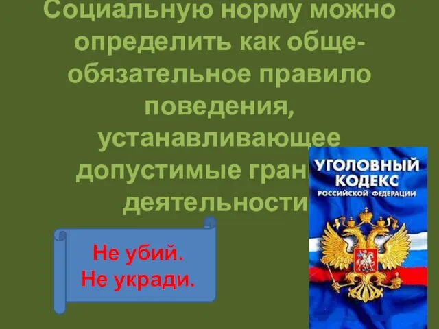 Социальную норму можно определить как обще- обязательное правило поведения, устанавливающее допустимые границы