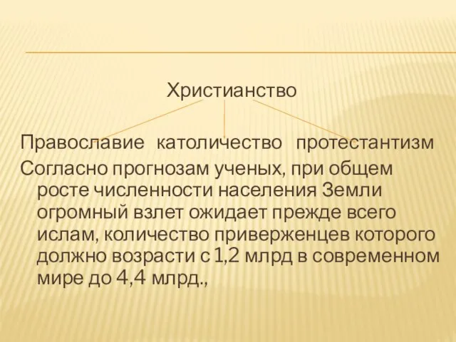 Христианство Православие католичество протестантизм Согласно прогнозам ученых, при общем росте численности населения