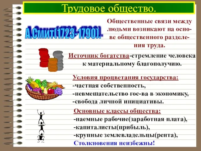 Трудовое общество. А.Смит(1723-1790). Общественные связи между людьми возникают на осно- ве общественного разделе- ния труда.