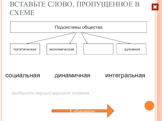 ВСТАВЬТЕ СЛОВО, ПРОПУЩЕННОЕ В СХЕМЕ интегральная социальная динамичная К объяснению Выберите верный вариант ответа