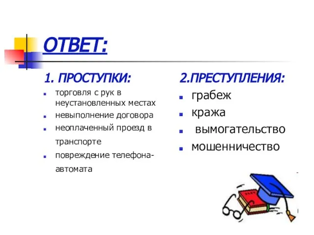 ОТВЕТ: 1. ПРОСТУПКИ: торговля с рук в неустановленных местах невыполнение договора неоплаченный