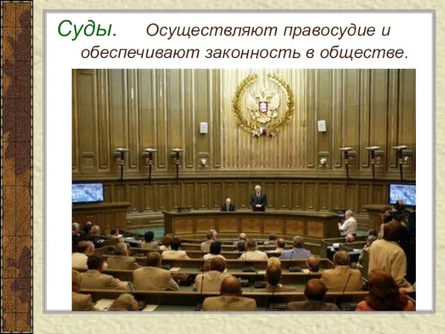 Суды. Осуществляют правосудие и обеспечивают законность в обществе.