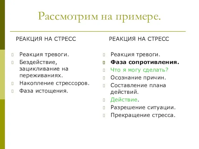 Рассмотрим на примере. РЕАКЦИЯ НА СТРЕСС Реакция тревоги. Бездействие, зацикливание на переживаниях.