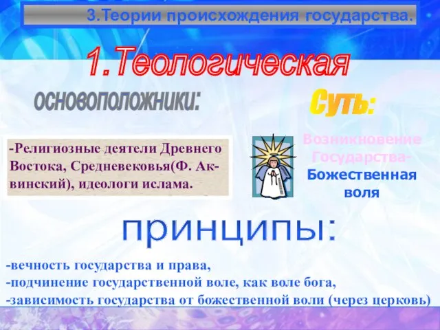 3.Теории происхождения государства. 1.Теологическая основоположники: -Религиозные деятели Древнего Востока, Средневековья(Ф. Ак- винский),