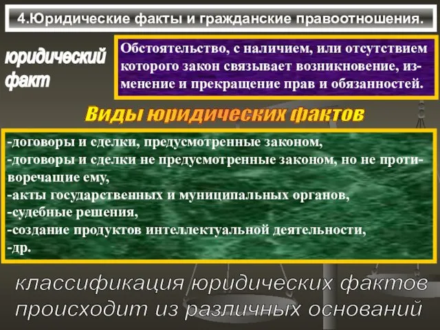 4.Юридические факты и гражданские правоотношения. юридический факт Обстоятельство, с наличием, или отсутствием