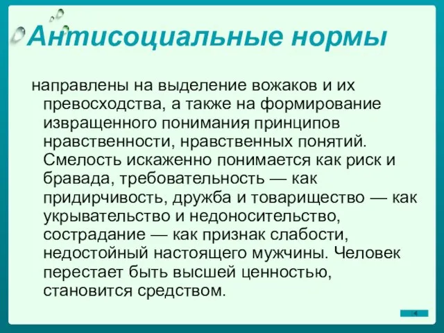 Антисоциальные нормы направлены на выделение вожаков и их превосходства, а также на