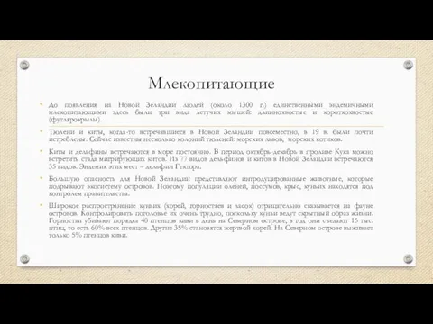 Млекопитающие До появления на Новой Зеландии людей (около 1300 г.) единственными эндемичными