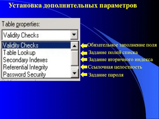 Установка дополнительных параметров Обязательное заполнение поля Задание полей списка Задание вторичного индекса Ссылочная целостность Задание пароля