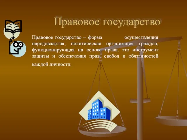 Правовое государство Правовое государство – форма осуществления народовластия, политическая организация граждан, функционирующая