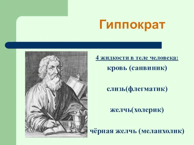 4 жидкости в теле человека: кровь (санвиник) слизь(флегматик) желчь(холерик) чёрная желчь (меланхолик) Гиппократ