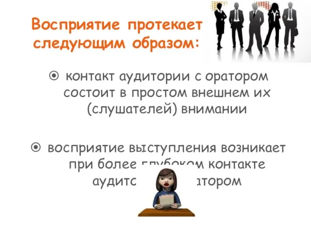 Восприятие протекает следующим образом: контакт аудитории с оратором состоит в простом внешнем