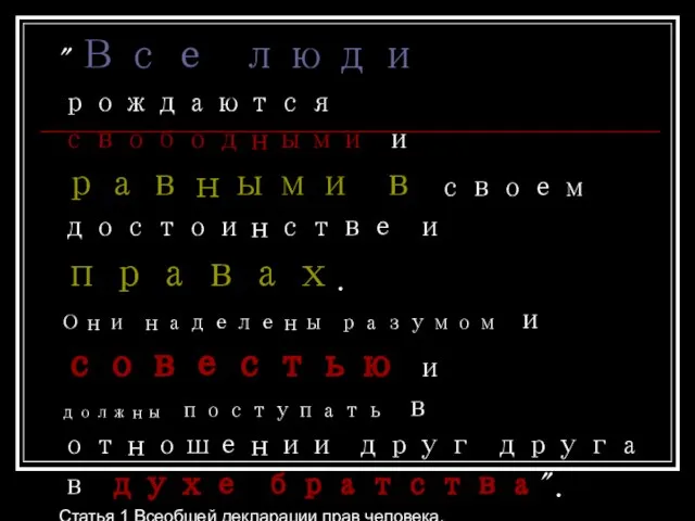 "Все люди рождаются свободными и равными в своем достоинстве и правах. Они