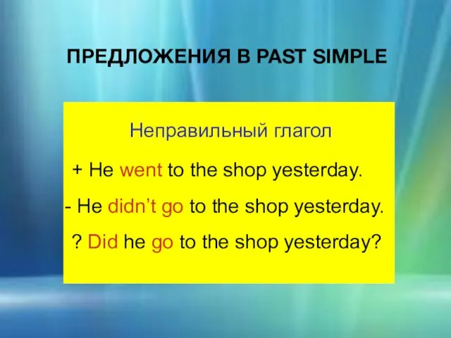 ПРЕДЛОЖЕНИЯ В PAST SIMPLE Неправильный глагол + He went to the shop
