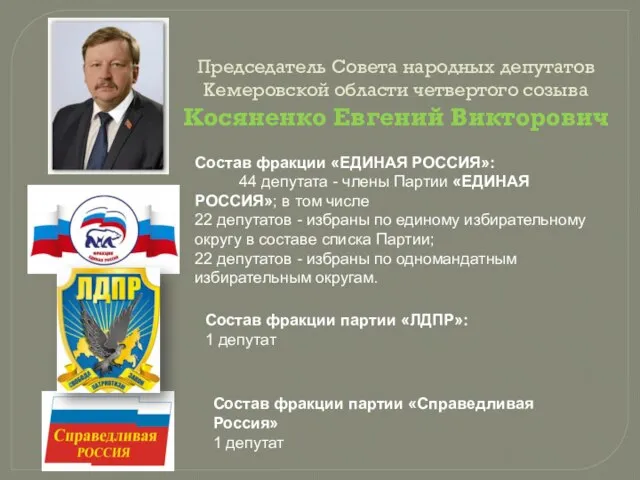 Председатель Совета народных депутатов Кемеровской области четвертого созыва Косяненко Евгений Викторович Состав