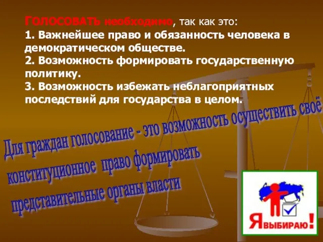 ГОЛОСОВАТЬ необходимо, так как это: 1. Важнейшее право и обязанность человека в