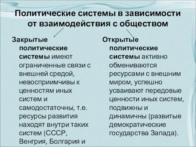 Политические системы в зависимости от взаимодействия с обществом Закрытые политические системы имеют