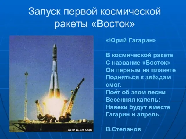 Запуск первой космической ракеты «Восток» «Юрий Гагарин» В космической ракете С название