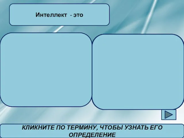 Способность к познанию и решению проблем. Интеллект - это КЛИКНИТЕ ПО ТЕРМИНУ, ЧТОБЫ УЗНАТЬ ЕГО ОПРЕДЕЛЕНИЕ