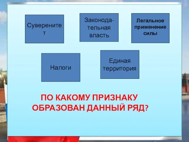 Суверенитет Единая территория Налоги Законода- тельная власть Легальное применение силы По какому признаку образован данный ряд?