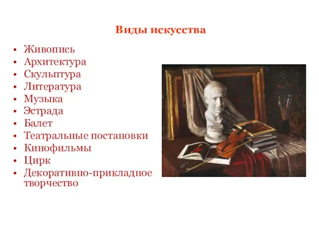 Виды искусства Живопись Архитектура Скульптура Литература Музыка Эстрада Балет Театральные постановки Кинофильмы Цирк Декоративно-прикладное творчество