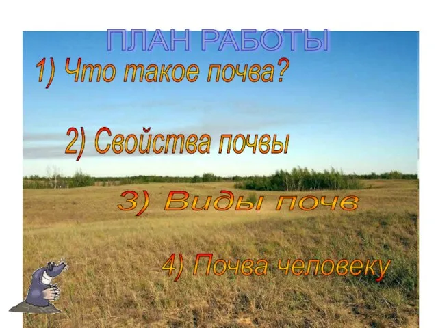 2) Свойства почвы 3) Виды почв 4) Почва человеку ПЛАН РАБОТЫ 1) Что такое почва?