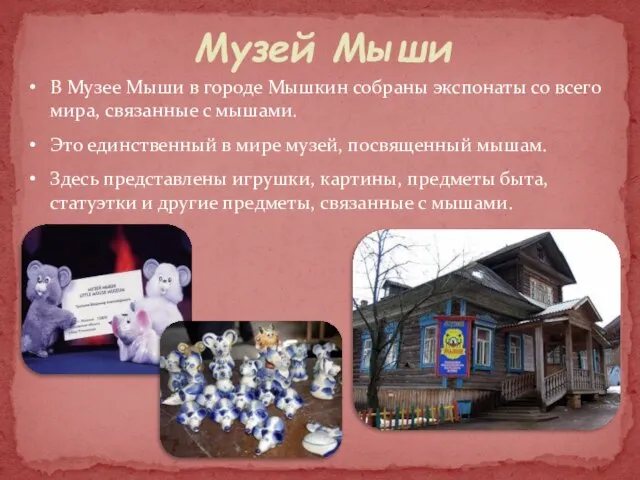 Музей Мыши В Музее Мыши в городе Мышкин собраны экспонаты со всего