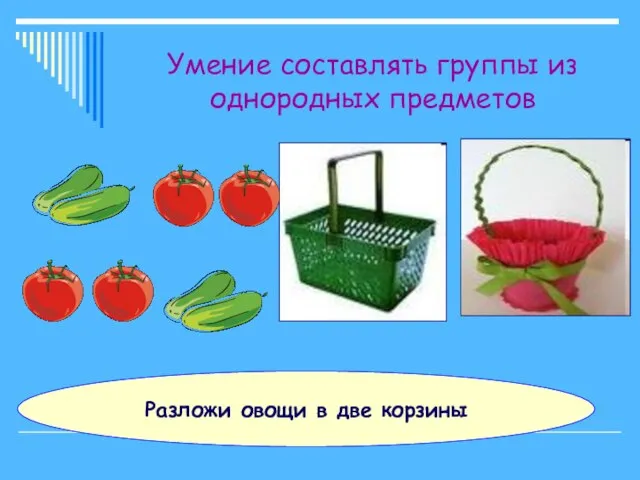 Умение составлять группы из однородных предметов Разложи овощи в две корзины