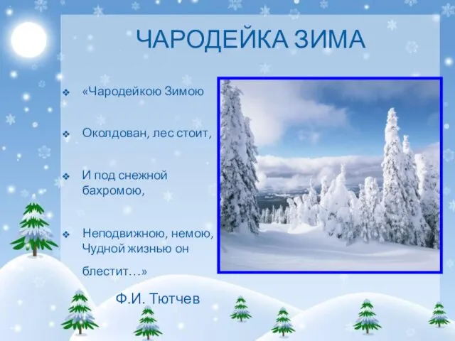 ЧАРОДЕЙКА ЗИМА «Чародейкою Зимою Околдован, лес стоит, И под снежной бахромою, Неподвижною,