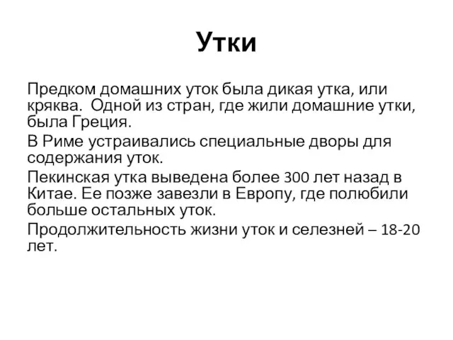 Утки Предком домашних уток была дикая утка, или кряква. Одной из стран,