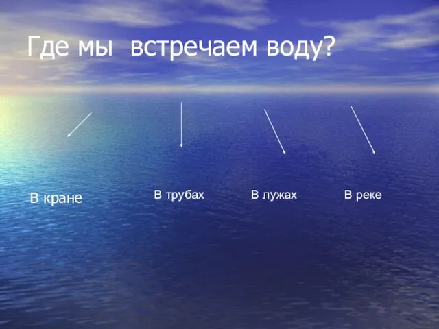 Где мы встречаем воду? В кране В трубах В лужах В реке