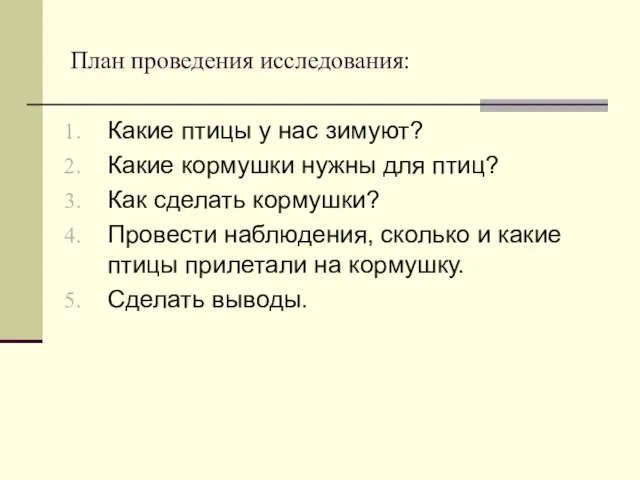 План проведения исследования: Какие птицы у нас зимуют? Какие кормушки нужны для