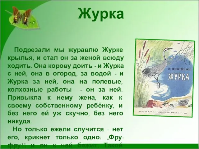 Подрезали мы журавлю Журке крылья, и стал он за женой всюду ходить.