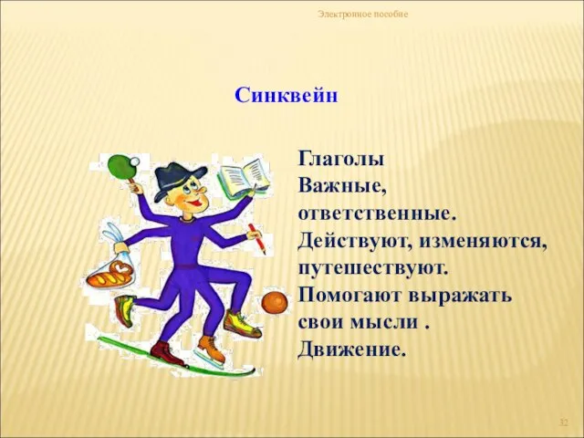 Электронное пособие Синквейн Глаголы Важные, ответственные. Действуют, изменяются, путешествуют. Помогают выражать свои мысли . Движение.