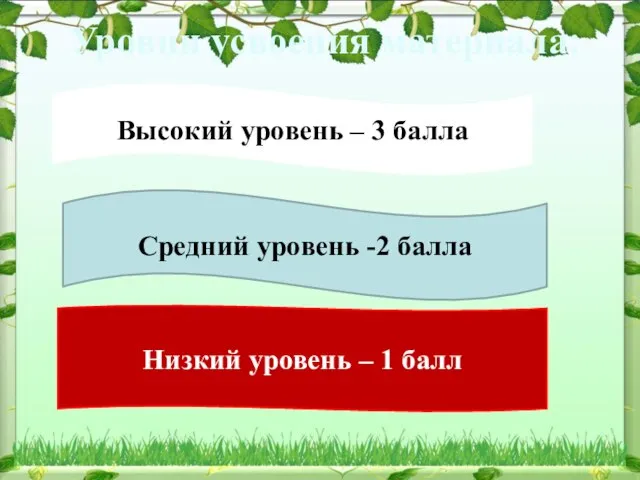 Высокий уровень – 3 балла Средний уровень -2 балла Низкий уровень –