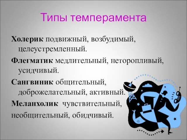 Типы темперамента Холерик подвижный, возбудимый, целеустремленный. Флегматик медлительный, неторопливый, усидчивый. Сангвиник общительный,