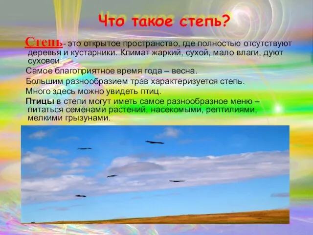 Что такое степь? Степь- это открытое пространство, где полностью отсутствуют деревья и