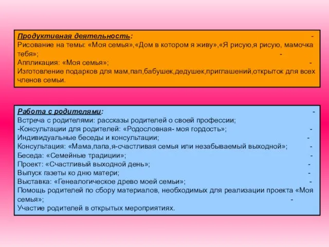 Продуктивная деятельность: -Рисование на темы: «Моя семья»,«Дом в котором я живу»,«Я рисую,я